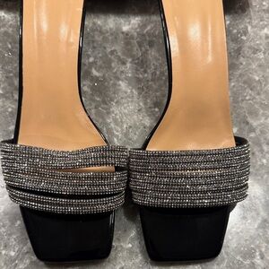 Elegant Black Slide Sandals with Silver Crystal Straps size 9